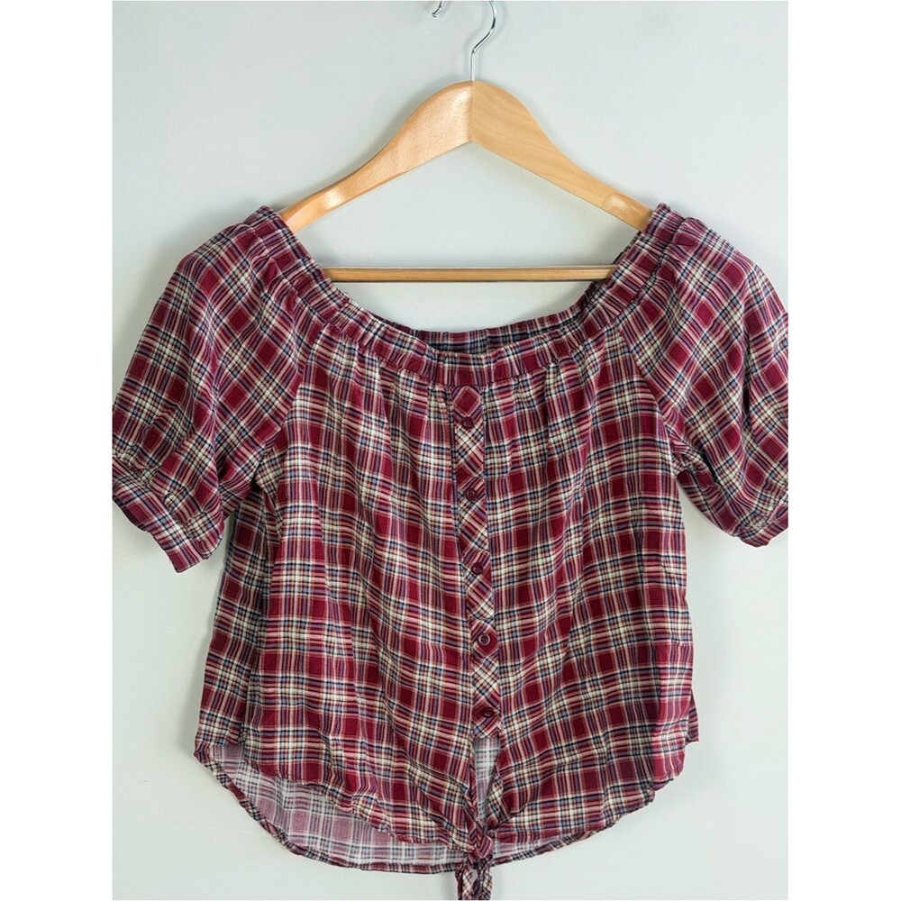 Red Plaid Off Shoulder Tie Front Western Milkmaid Top Medium